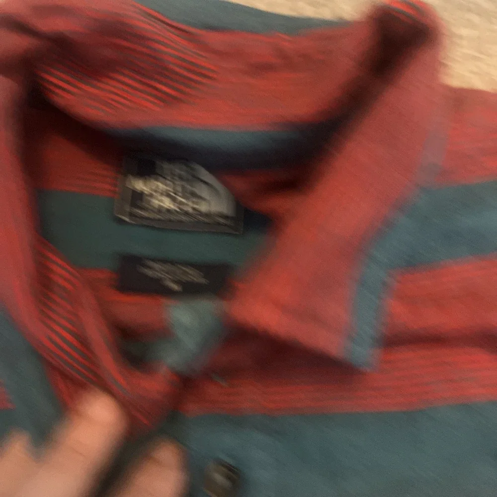 The North‎ Face Polo Shirt Mens Medium  Red Blue Striped Chest Pocket Casual
